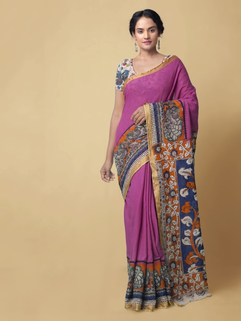

Unnati Silks Pink Pure Cotton Kalamkari Printed Handloom Kanjeevaram Saree
