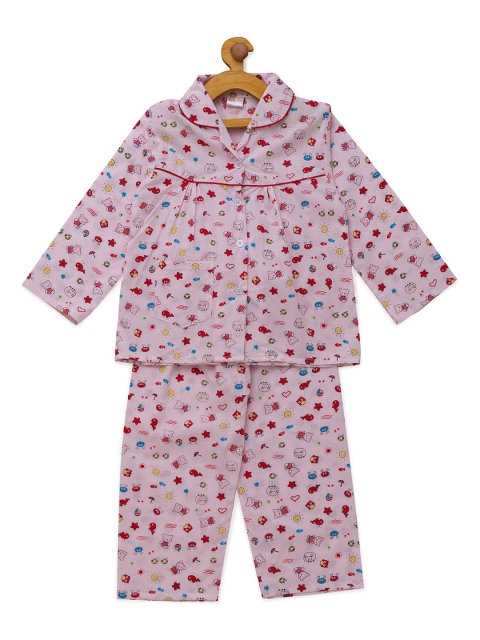 

Fuzzy Bear Girls Pink & Red Printed Night suit
