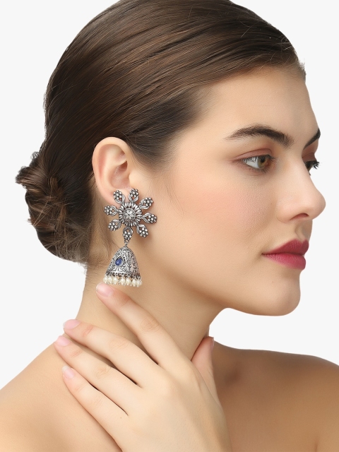 

Adwitiya Collection Silver-Toned & Blue Dome Shaped Jhumkas