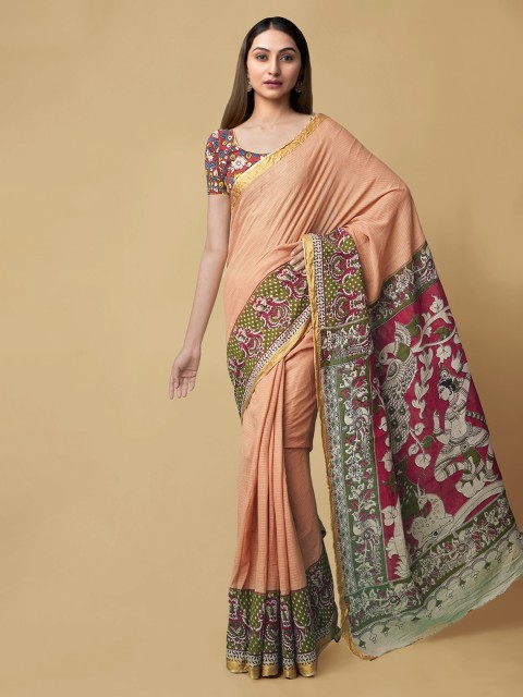 

Unnati Silks Brown & Magenta Pure Cotton Striped Kanjeevaram Saree