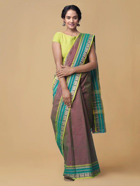

Unnati Silks Purple & Green Pure Cotton Checked Handcrafted Chettinad Saree