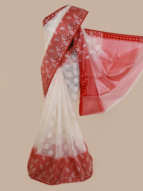 Pothys White & Red Cotton Blend Woven Design Saree