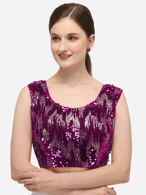 

Fab Dadu Women Purple Embellished Velvet Readymade Saree Blouse