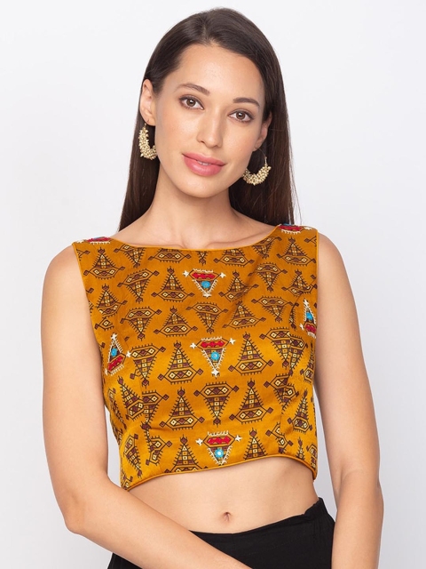 

Salwar Studio Mustard & Maroon Printed Fitted Crop Top