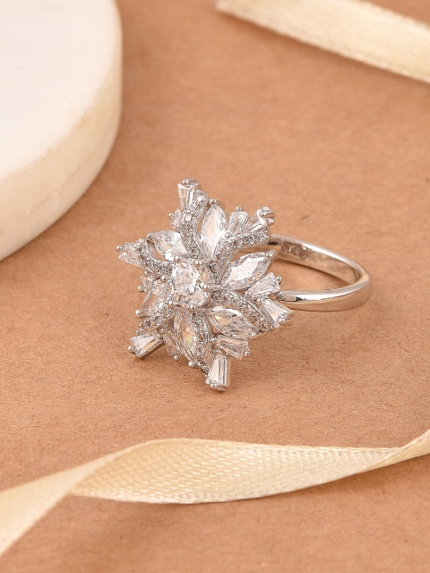

Tistabene Rhodium-Plated Silver-Toned & White Stone-Studded Finger Ring
