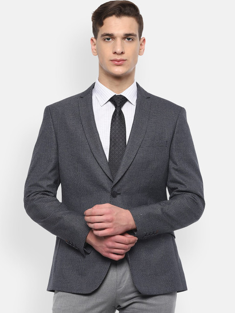 

V Dot Men Grey Self-Design Slim-Fit Single-Breasted Formal Blazer