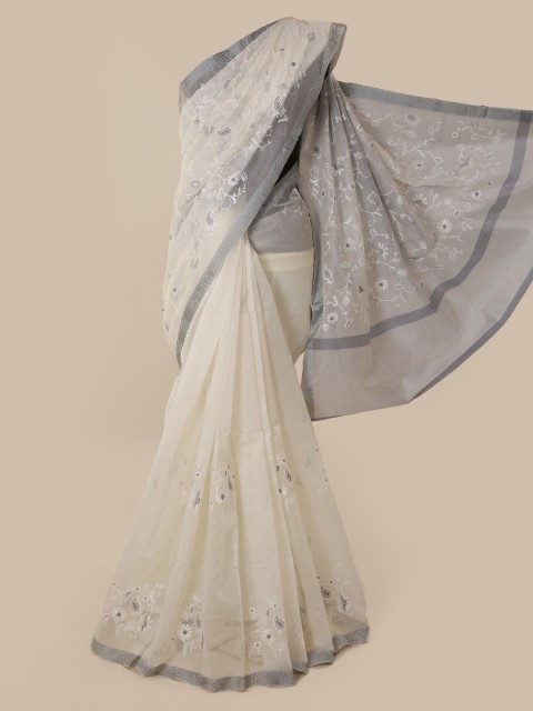 

Pothys Off-White Embroidered Supernet Saree