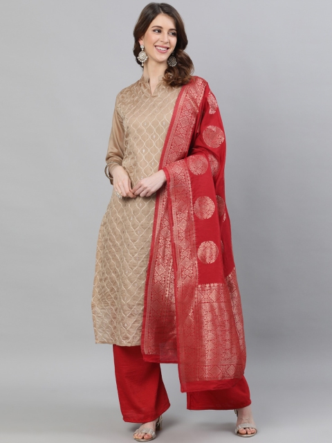 

Ishin Women Beige Pure Silk Kurta with Palazzos & With Dupatta