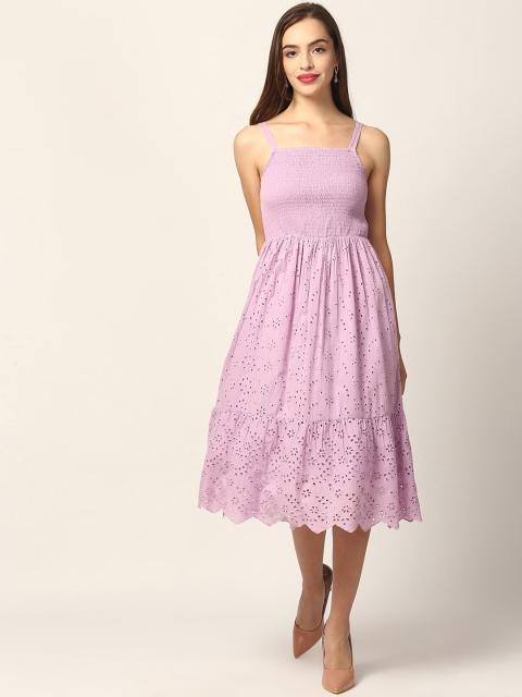 

ELLE Women Lavender Self Design Schffli Fit and Flare Dress