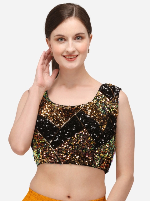 

Fab Dadu Women Black & Gold-Coloured Sequin Embellished Velvet Readymade Saree Blouse