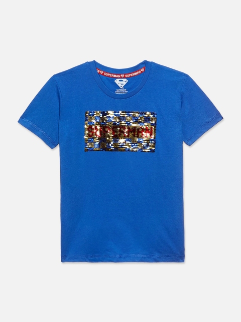 

Kids Ville Boys Blue Superman Sequinned Round Neck Cotton T-shirt