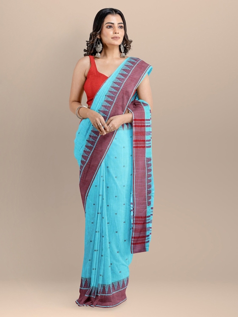 

BharatSthali Blue Pure Cotton Striped Maheshwari Saree
