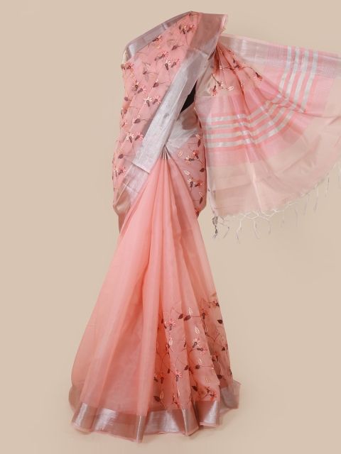 

Pothys Peach-Coloured & Silver-Toned Tissue Embroidered Saree With Tasseled Pallu