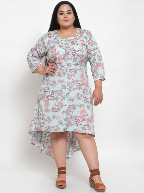 

Flambeur Women Plus Size Sea Green Printed A-Line Dress