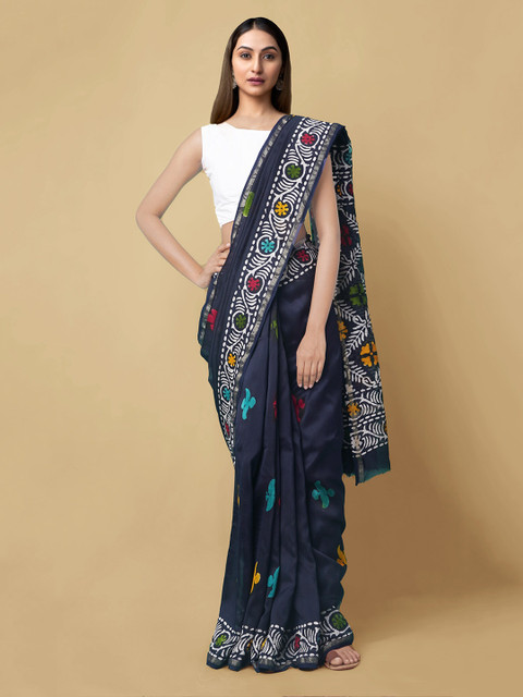 

Unnati Silks Blue Silk Cotton Printed Chanderi Saree