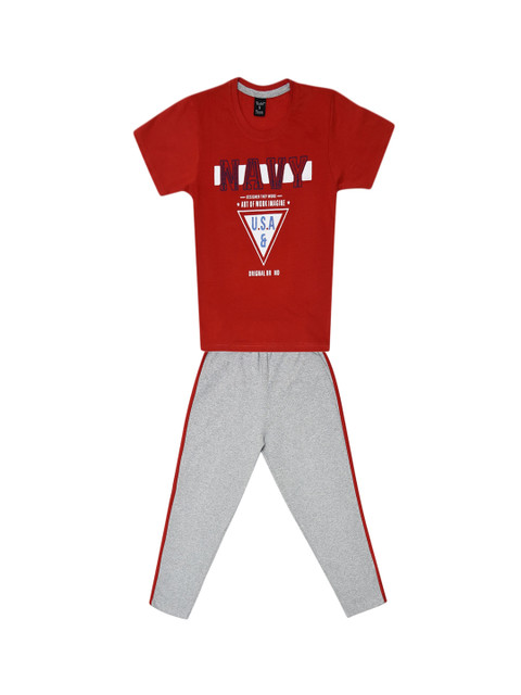 

Todd N Teen Boys Red & Grey Melange Printed T-shirt with Trousers