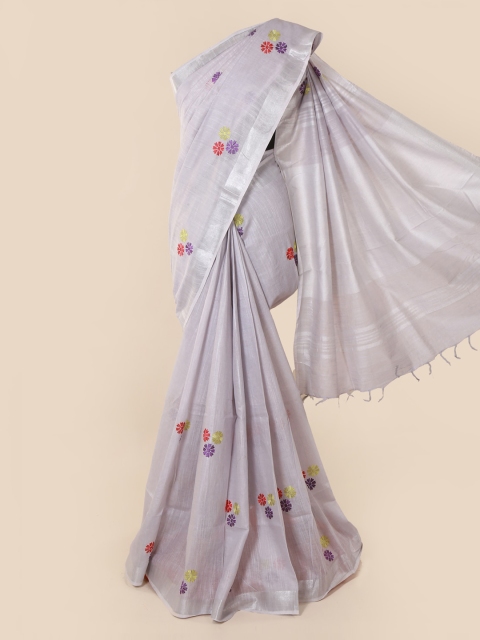 

Pothys Steel Embroidered Linen Blend Saree