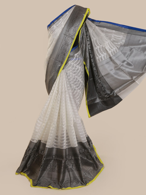 

Pothys White & Silver-Toned Cotton Blend Woven Design Saree