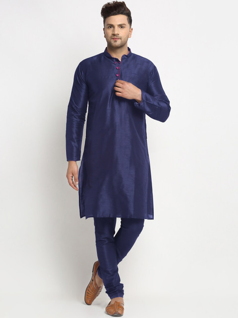 

Benstoke Men Blue & Cream-Coloured Solid Kurta with Churidar & Nehru Jacket