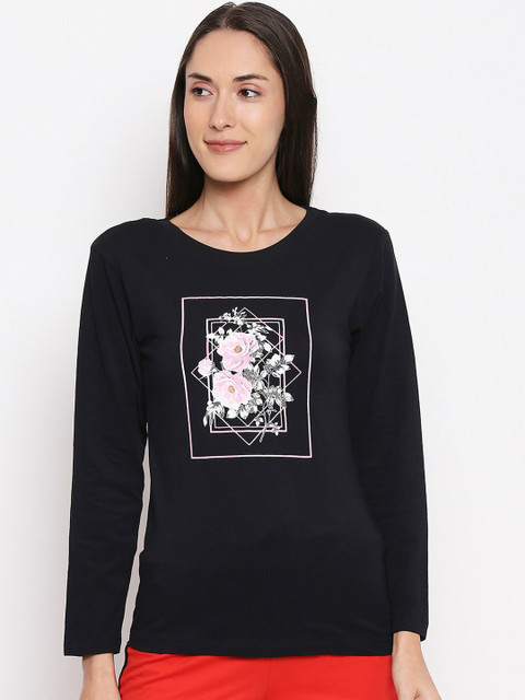 

XIN Women Black Printed Boat Neck T-shirt