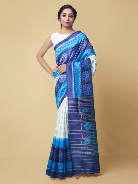 

Unnati Silks White & Blue Art Silk Printed Handloom Mysore Silk Saree