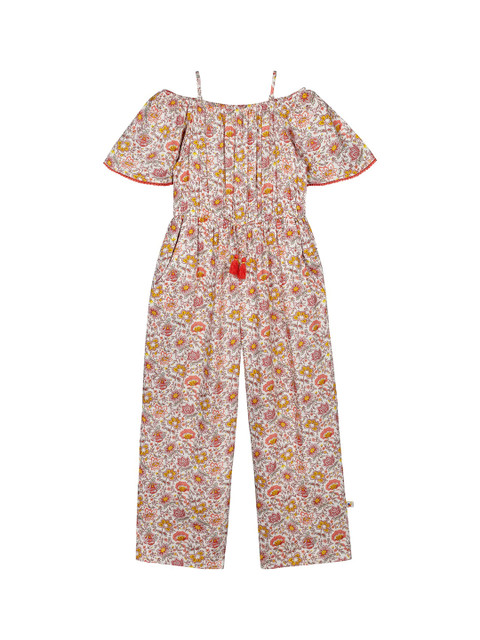 

Budding Bees Girls White & Peach-Coloured Floral Printed Off Shoulder Basic Jumpsuit