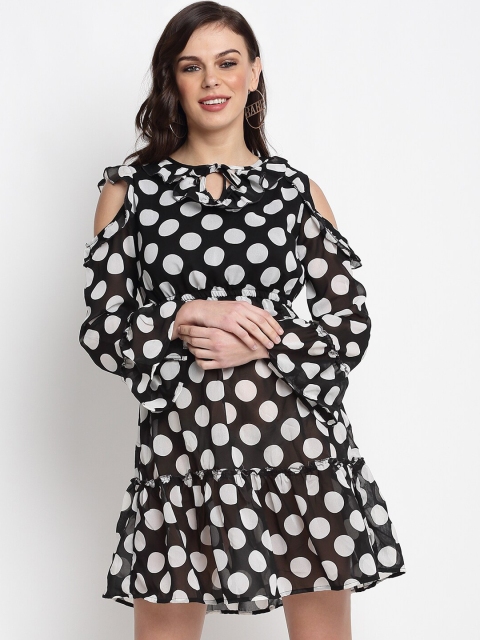 

Miaz Lifestyle Women Black & White Polka Dot Printed Fit and Flare Dress