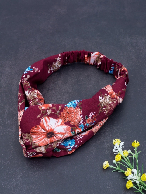 

Golden Peacock Women Magenta Floral Printed Knot Design Elasticated Headband