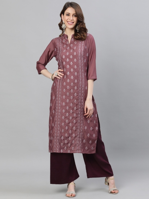 

Ishin Women Mauve & Burgundy Ethnic Motifs Embroidered Pure Silk Kurta with Palazzos