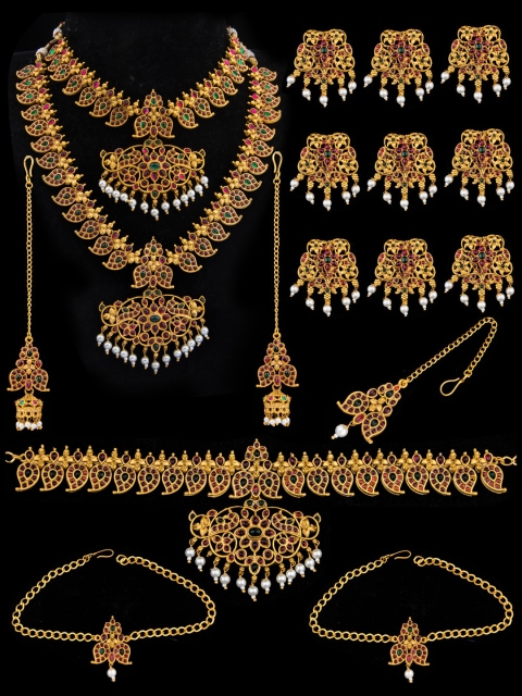 

Alankruthi Gold-Plated Pink & Green Stone-Studded Beaded Temple Bridal Jewellery Set