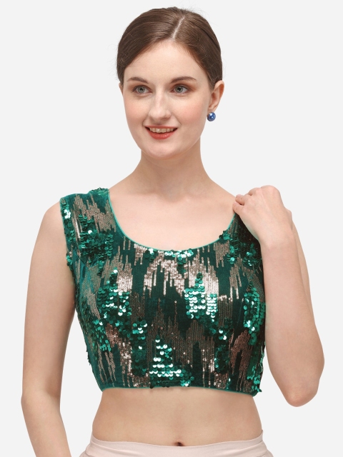 

Fab Dadu Women Green & Gold-Coloured Embellished Velvet Saree Blouse