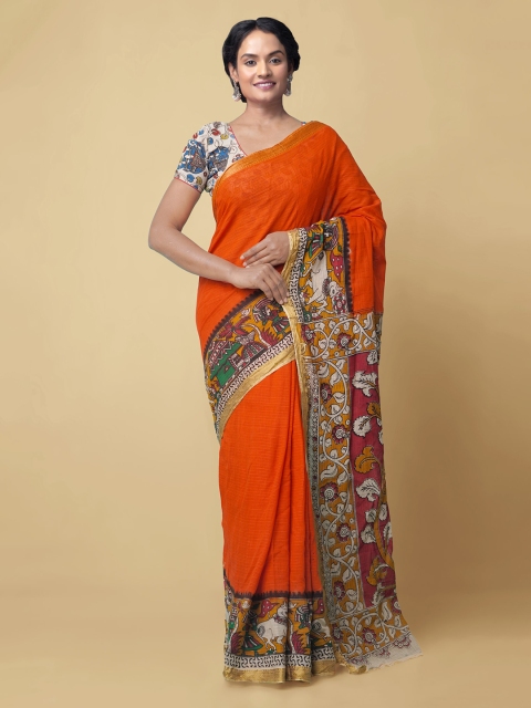 

Unnati Silks Orange Pure Cotton Printed Kanjeevaram Saree