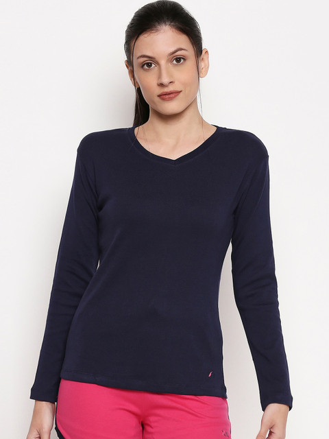 

XIN Women Navy Blue Solid V-Neck T-shirt
