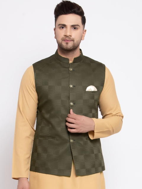 

MAXENCE Men Green Nehru Jacket With Pocket Square