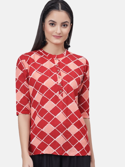 

Fashitale Women Red Checked Mandarin Collar Crepe Regular Top