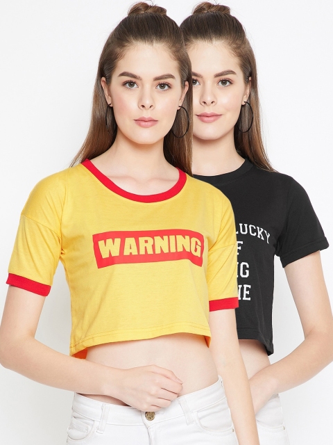 

Chrome & Coral Pack Of 2 Black Yellow Printed Pure Cotton Regular Crop Top