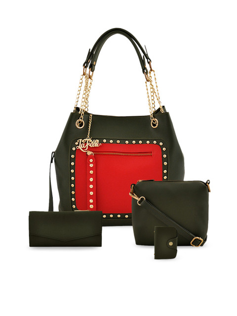 

LaFille Green & Red Colourblocked Handheld Bag with Sling Bag & Wallet