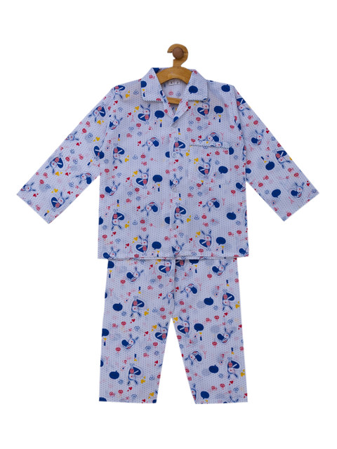 

Fuzzy Bear Boys White & Blue Printed Night suit