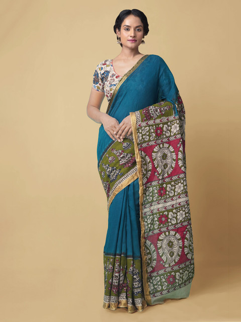 

Unnati Silks Blue & Red Pure Cotton Printed Kanjeevaram Handloom Saree