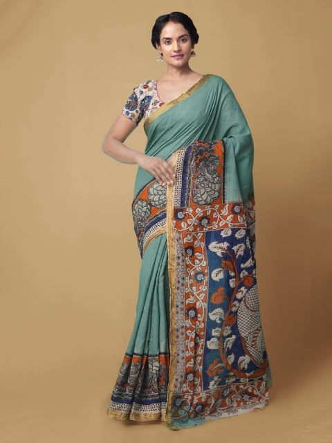 

Unnati Silks Green & Orange Pure Cotton Printed Handloom Kanjeevaram Saree