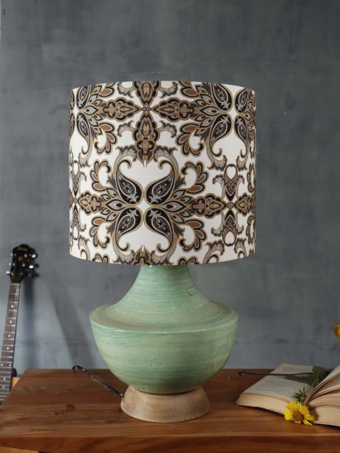 

Grated Ginger Green & Brown Printed Contemporary Table Lamp with Shade