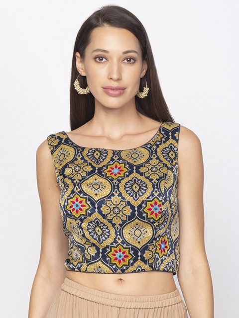 

Salwar Studio Blue & Yellow Printed Fitted Crop Top