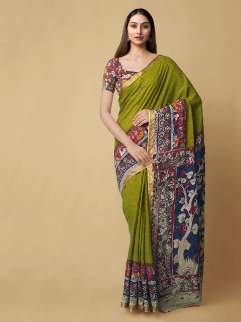 

Unnati Silks Green & Navy Blue Pure Cotton Printed Kanjeevaram Handloom Saree