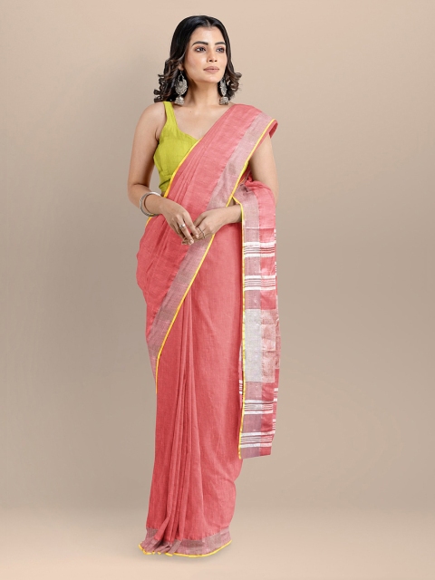 

BharatSthali Pink & Silver-Toned Pure Cotton Solid Mangalagiri Saree