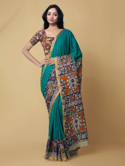 

Unnati Silks Blue & Orange Pure Cotton Printed Kanjeevaram Saree