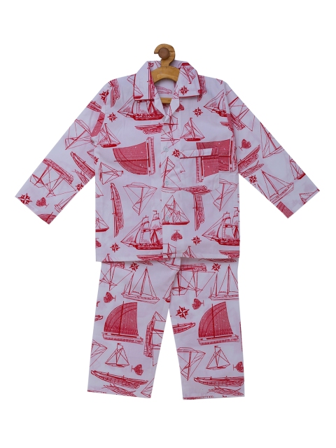 

Fuzzy Bear Boys Off-White & Maroon Printed Night Suit