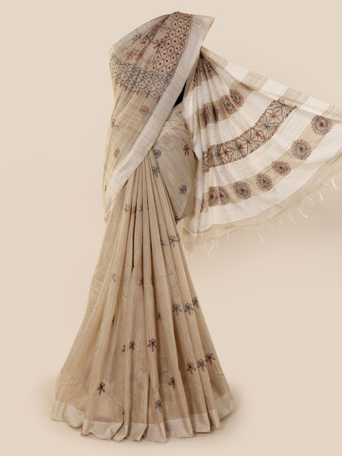 

Pothys Cream-Coloured Embroidered Jute Cotton Saree
