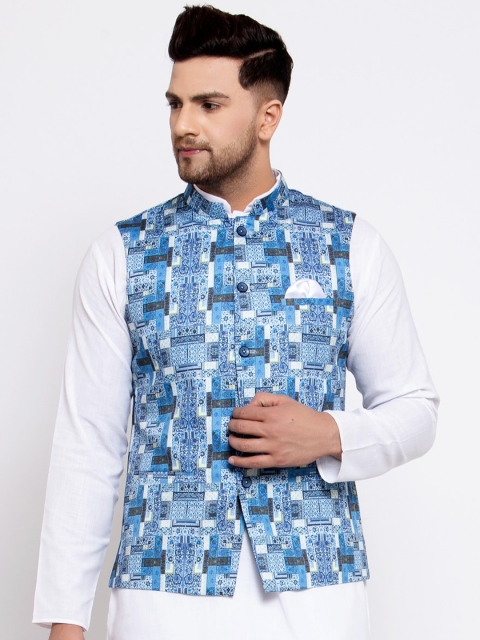 

MAXENCE Men Blue & White Printed Nehru Jacket