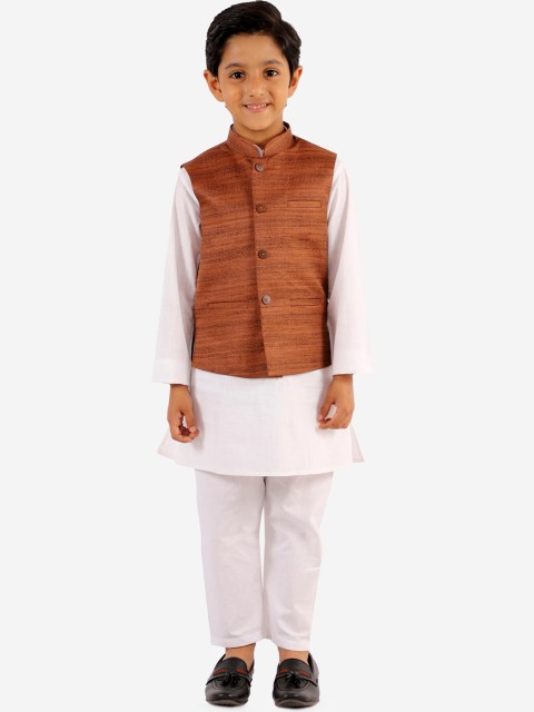 

VASTRAMAY Boys White & Rust Brown Solid Kurta with Churidar & Nehru Jacket