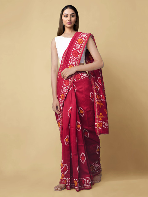 

Unnati Silks Women Red Pure Batik Chanderi Sico Sustainable Saree